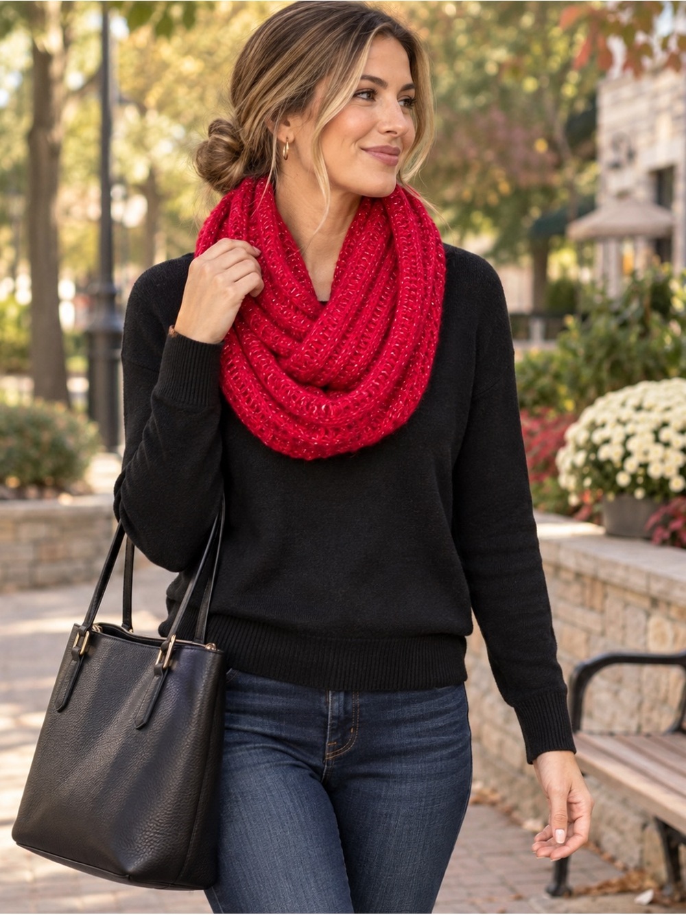 Hollister Red Metallic Open Knit Infinity Scarf One Size